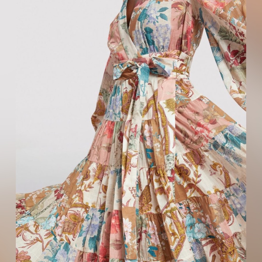 ZIMMERMANN Cassia Patchwork Floral Print Wrap Midi Dress - Picture 4 of 14